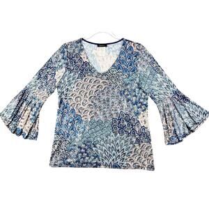 S. Levine Women's Boho Bell Sleeve Top M Blue Paisley Print Stretch Blouse